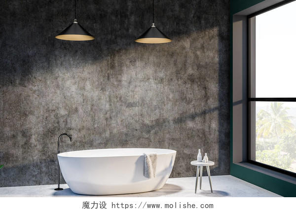 简约浴室内有混凝土和翡翠墙,大窗户和白色圆形浴室的侧面视图